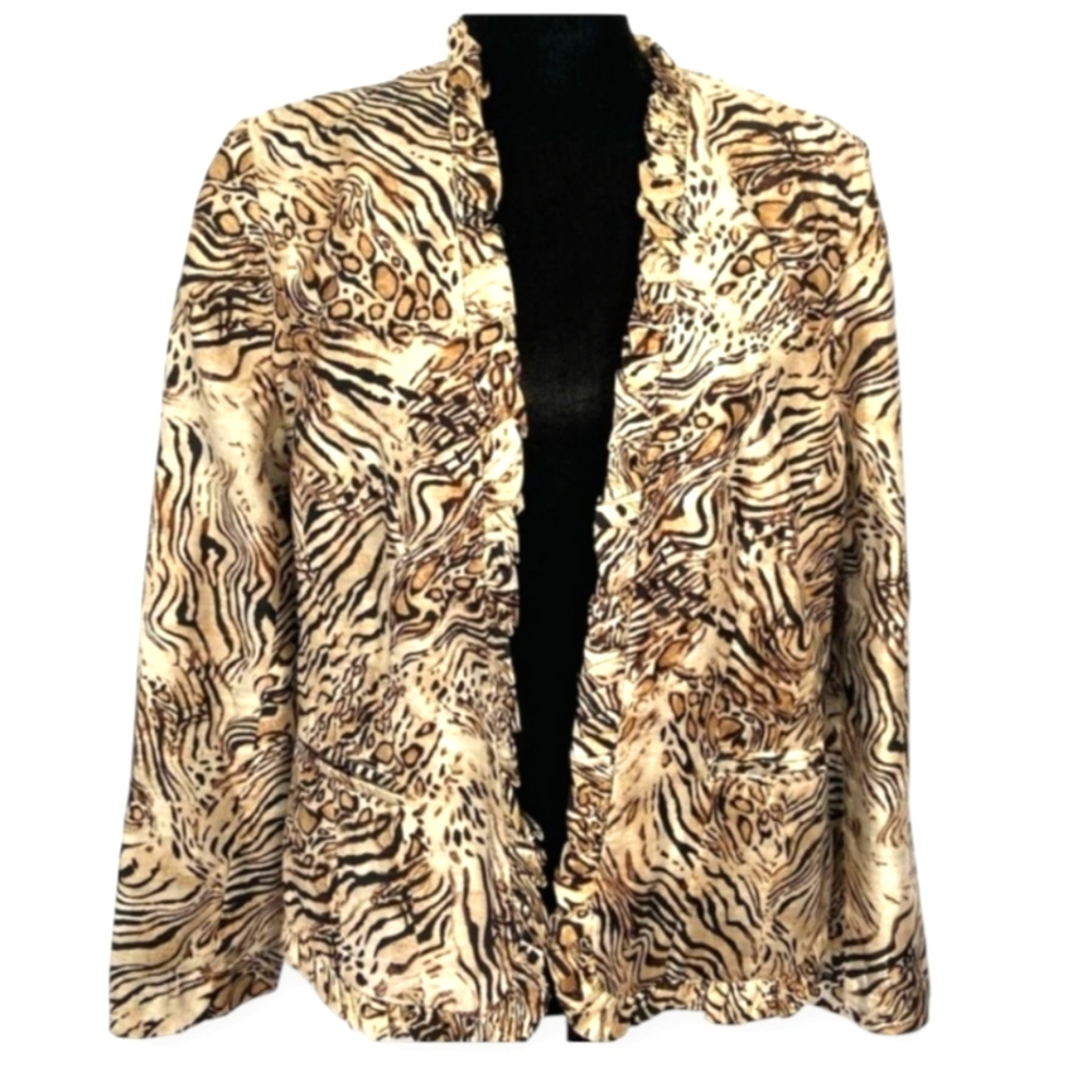 NWT Chicos tan & brown animal print silk open front ruffle jacket Womens…